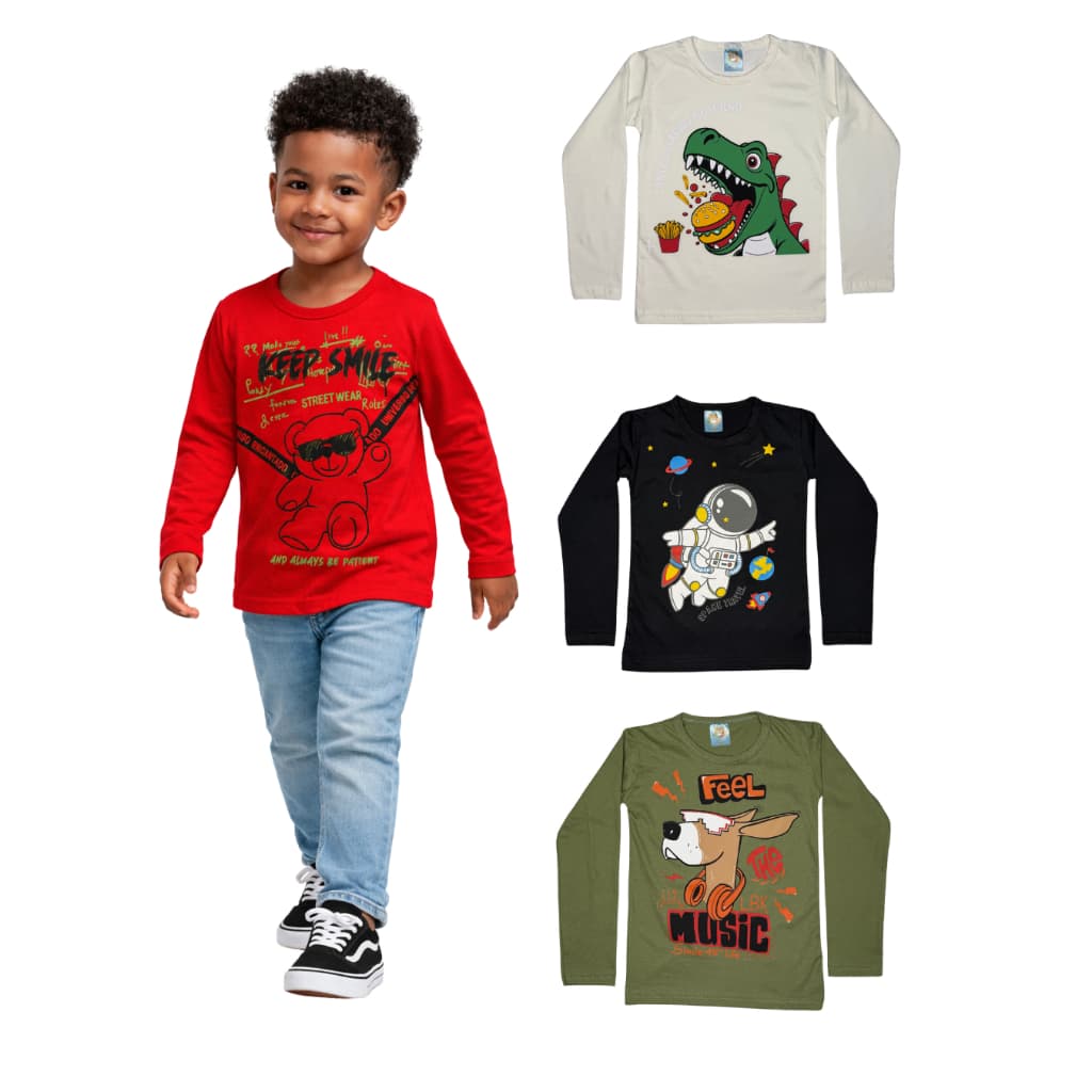 Kit 3 Camisas Manga Longa Menino Estampada Confortável TAM 1 ao 8