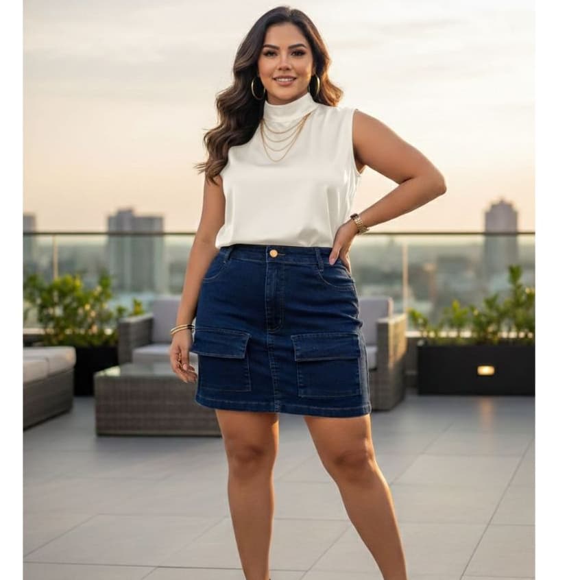 Saia Jeans Feminina Plus Size Bolso Frontal Cargo Moderna