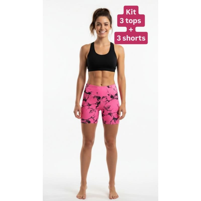 kit conjunto feminino com 3 tops lisos e 3 short estampado feminino moda fitnnes academia treino caminhada