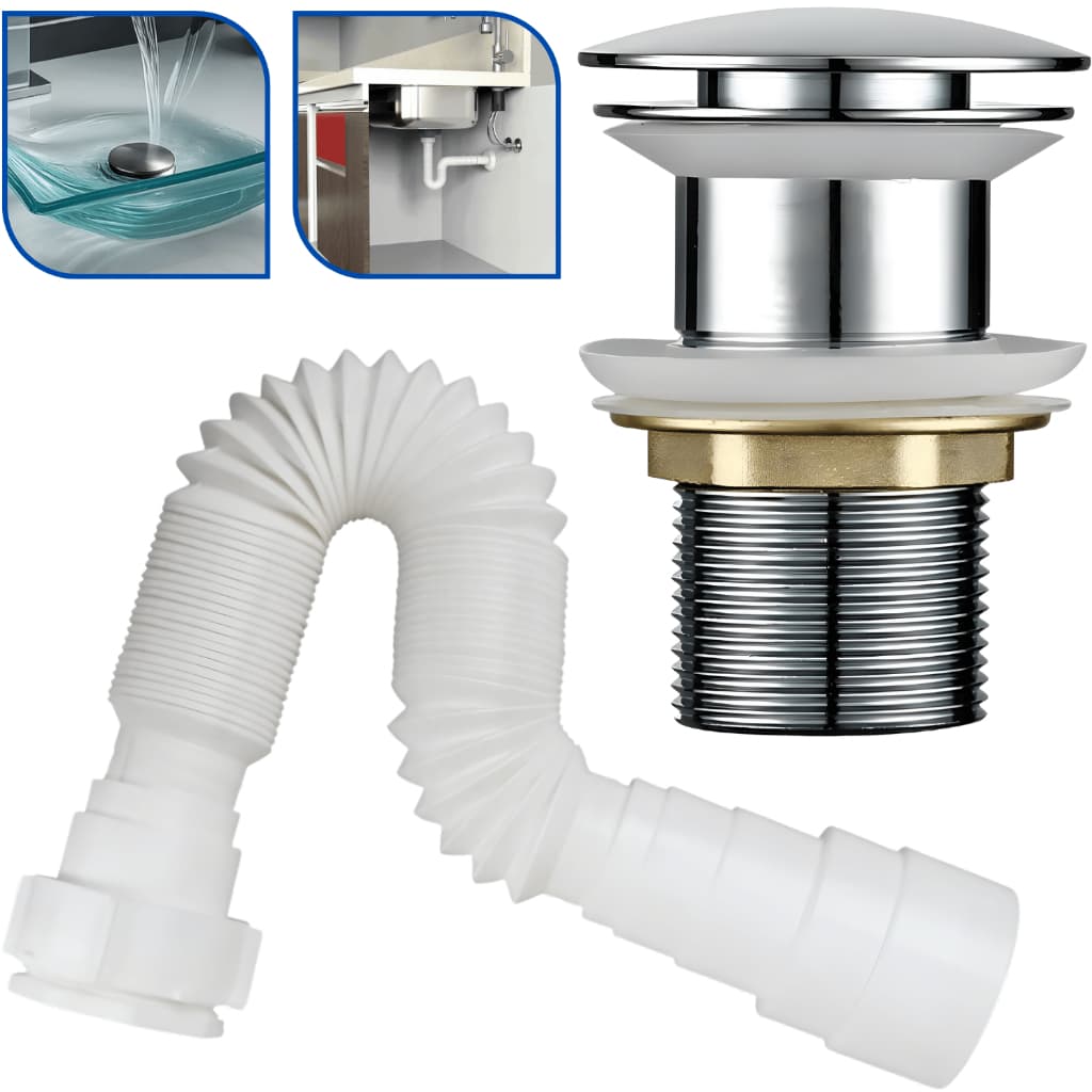Kit Válvula Click para Banheiro/Lavatório em Bronze Aço Inox Polido 1.1/4 E Sifão Flexível Branco