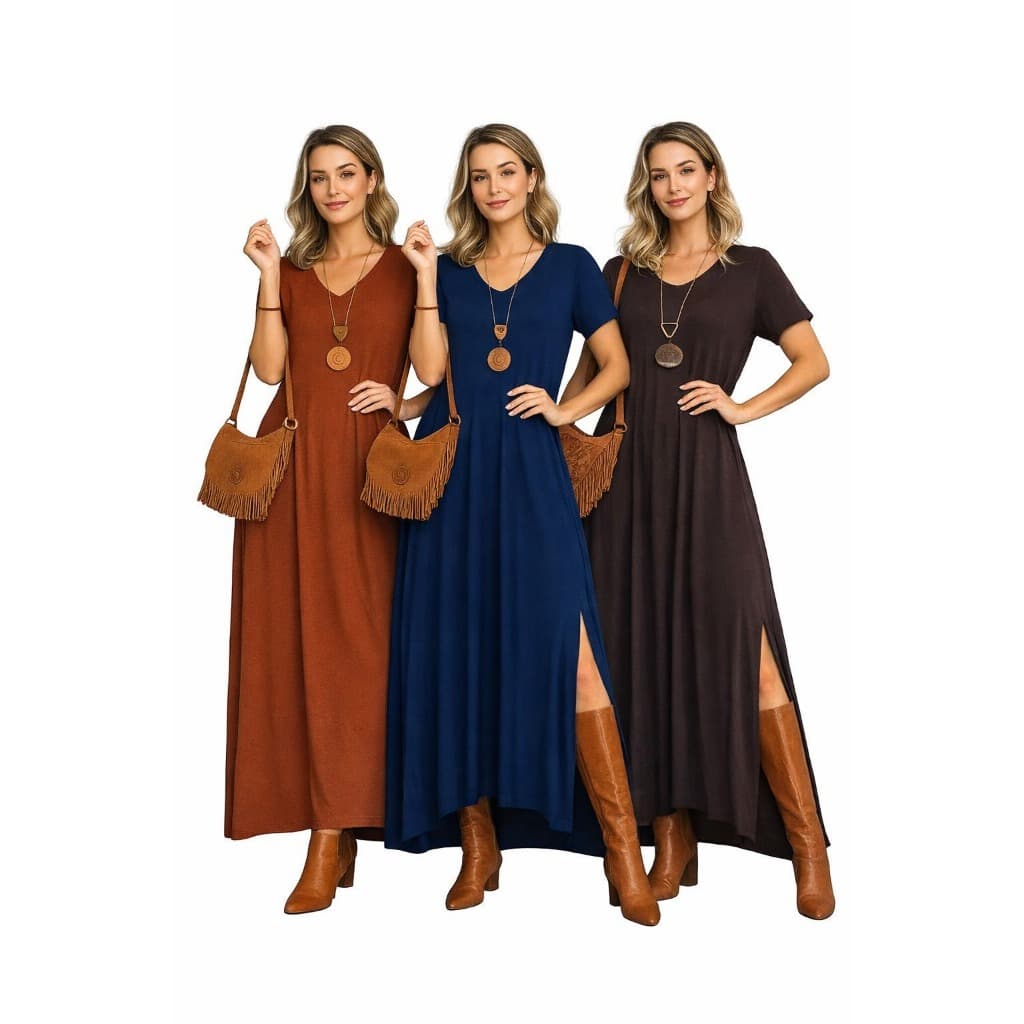 Vestido Longo Feminino gola V com Bolso lateral e fendas tecido Viscolycra Premium