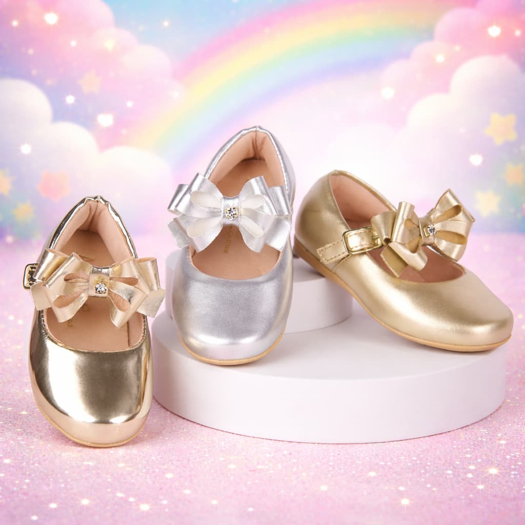 Sapatilha Metalizada Infantil Menina Boneca Delicada Laço Duplo Strass Confortável Moda Promoção