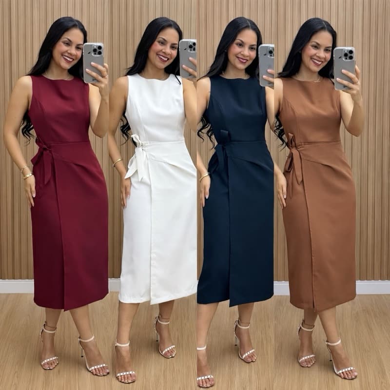 Vestido Feminino Alfaiataria Midi com Amarração Lateral Elegante