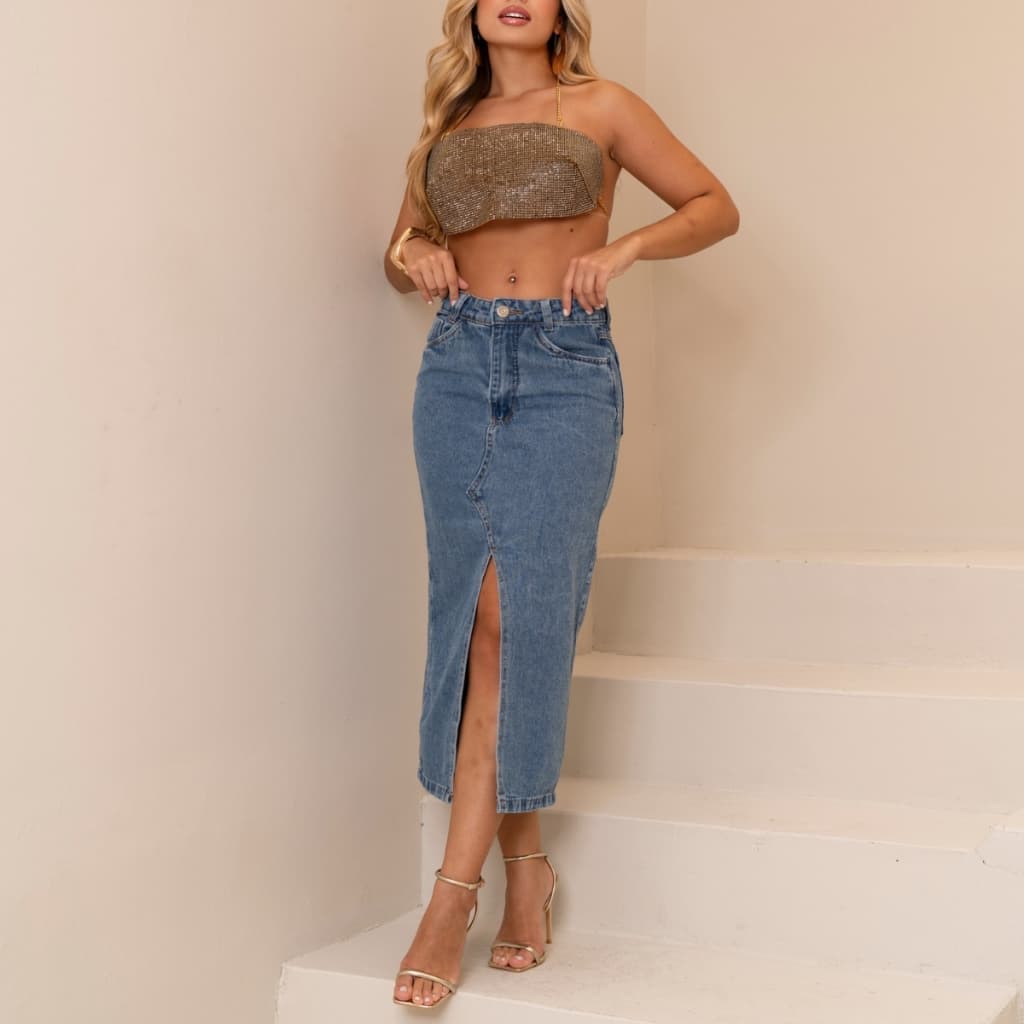 Saia Mídi Jeans Com Fenda Na Frente Cintura Alta Tendência