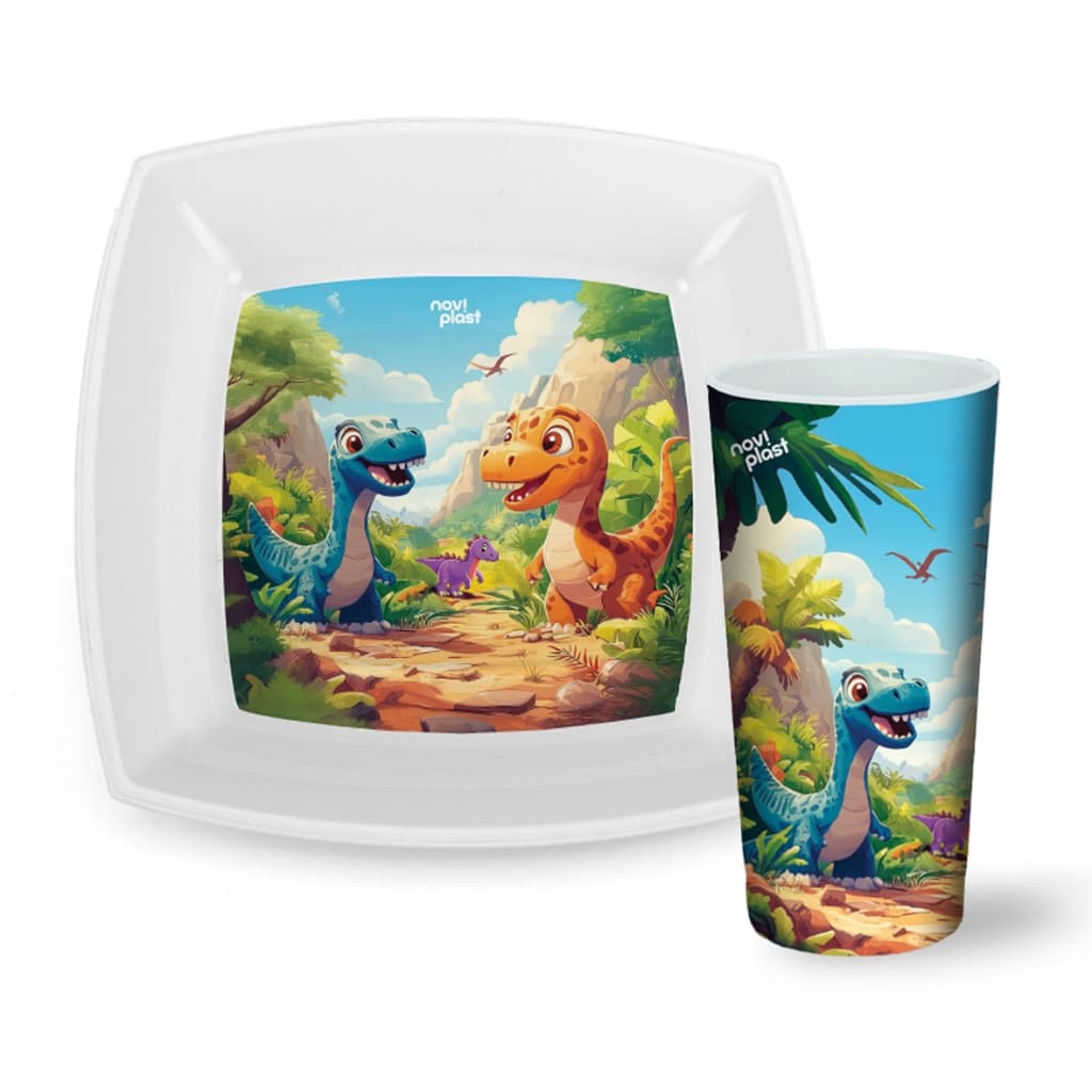 Kit Lanche Escolar Infantil Dinossauro Copo Prato Personalizado Plástico Reutilizável Estampado