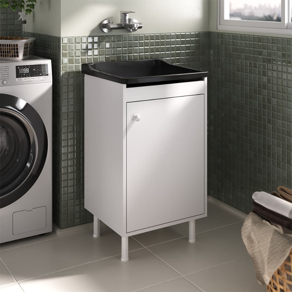 Tanque Multiuso Prático 22L com Gabinete 1 Porta e Esfregadeira 100% MDF | Ideal para Lavanderia