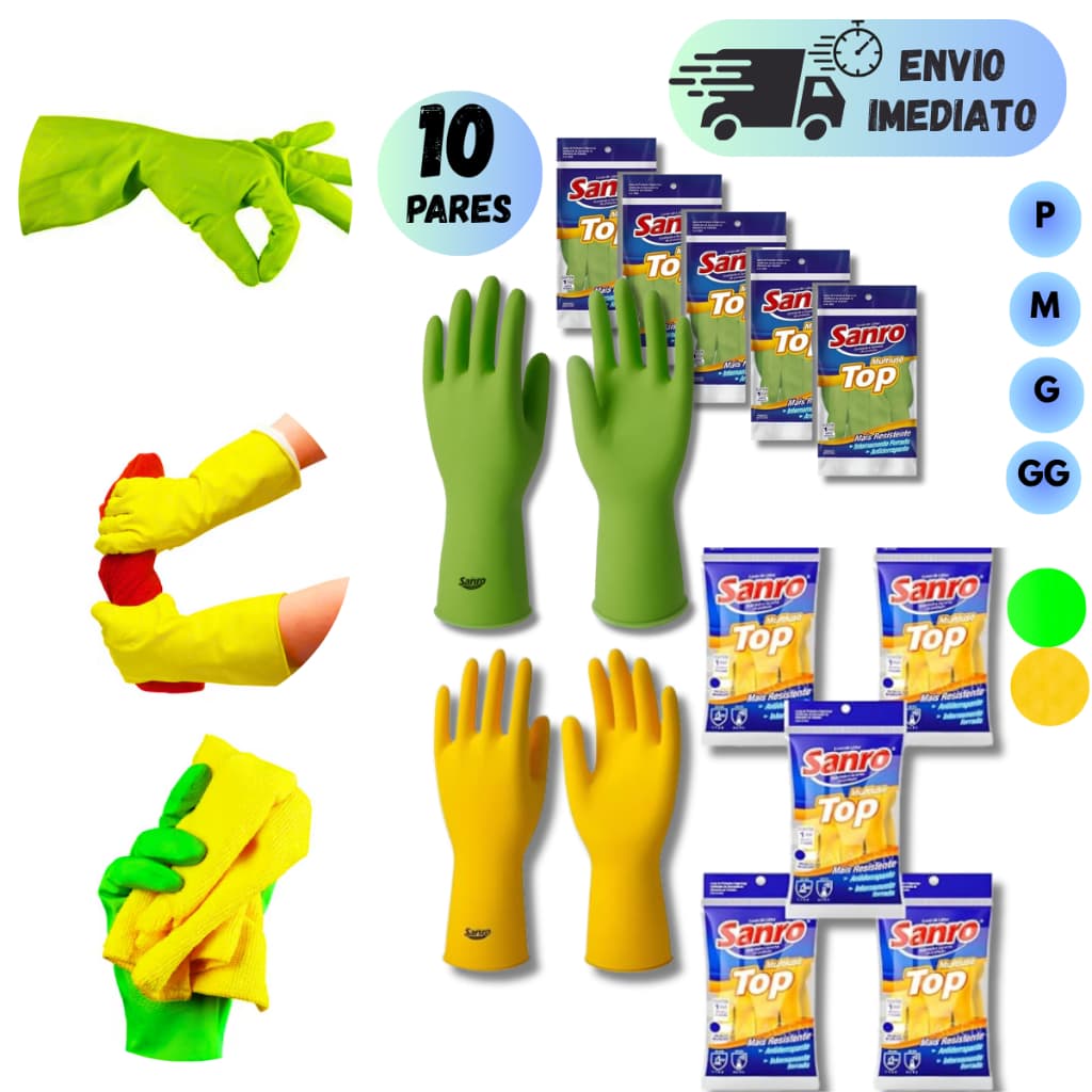 KIT 10 LUVA LATEX MULTIUSO FORRADA ANTIDERRAPANTE SANRO PARA LIMPEZA LOUÇA FAXINA JARDINAGEM IMPERMEAVEL