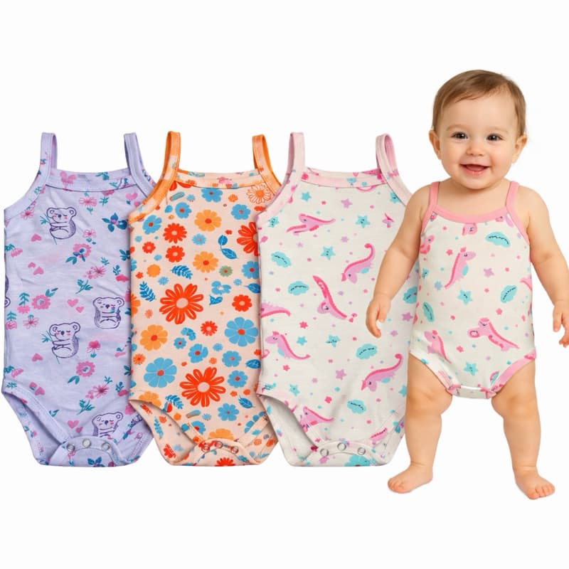 3 Body de Bebê Alcinha Estampas Sortidas 100% Algodão Bodie Sem Manga Malha Fresca Regatinha Infantil Verão PMG