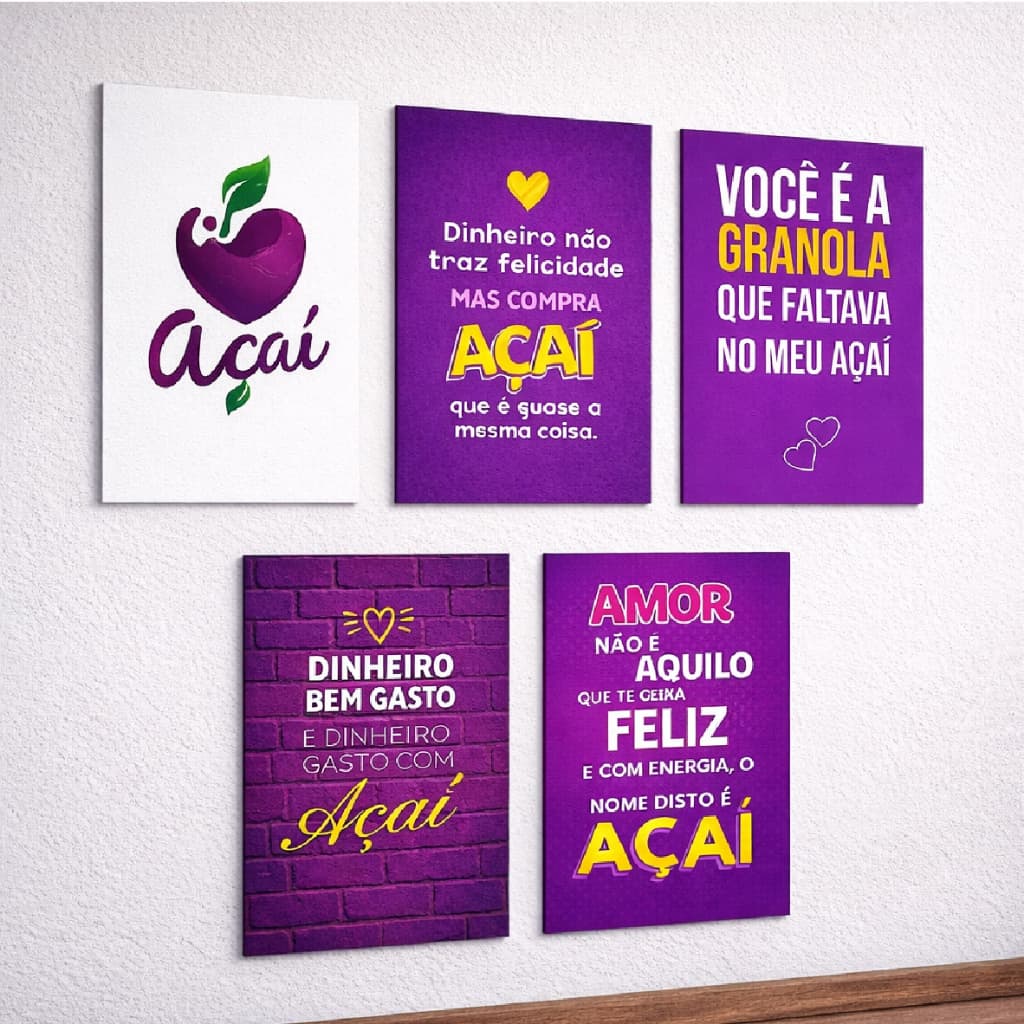 Kit 5 Quadros 20x30  Açaí para Sorveteria açaiteria Decoração Simples Placas Mdf