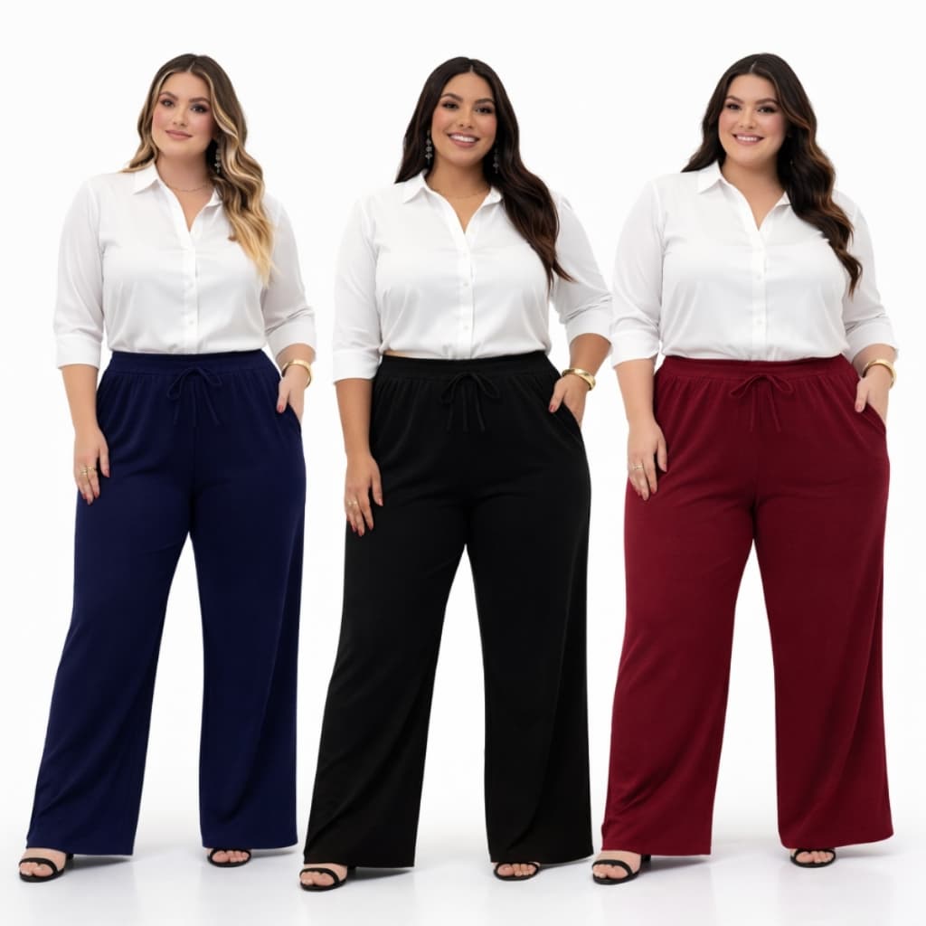 Calça Pantalona Feminina Plus Size Canelada Com Elastico na Cintura Curvy +