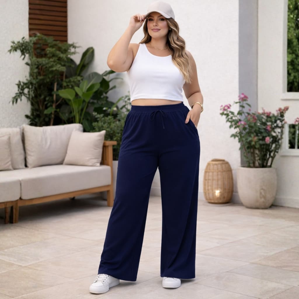 Calça Pantalona Feminina Plus Size Algodão com Bolso