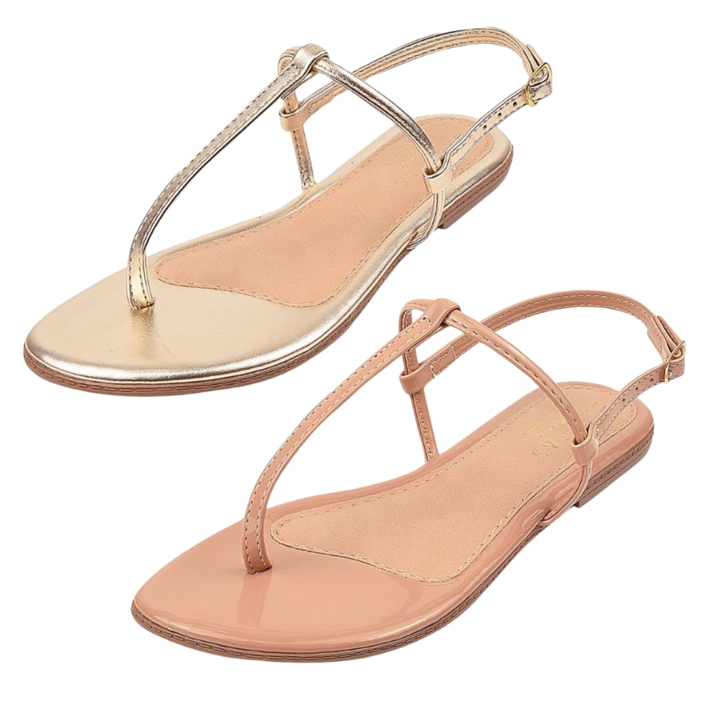 Sandalia Feminina Rasteirinha Kit 2 Rasteirinha Feminina Fio Básica Confortável Dia a Dia Dourado + Nude