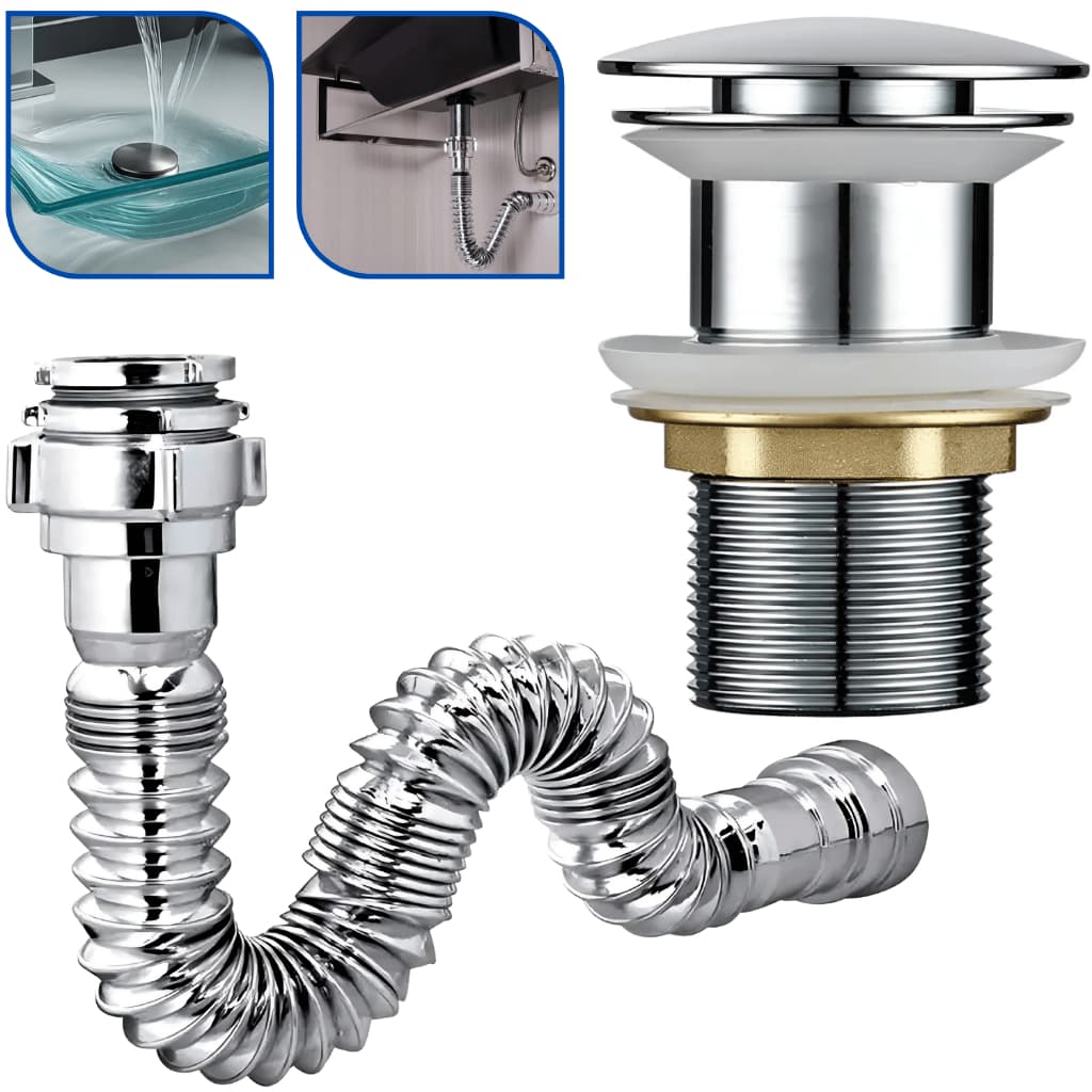 Kit Válvula Click para Banheiro/Lavatório em Bronze Aço Inox Polido 1.1/4 E Sifão Flexível Cromado