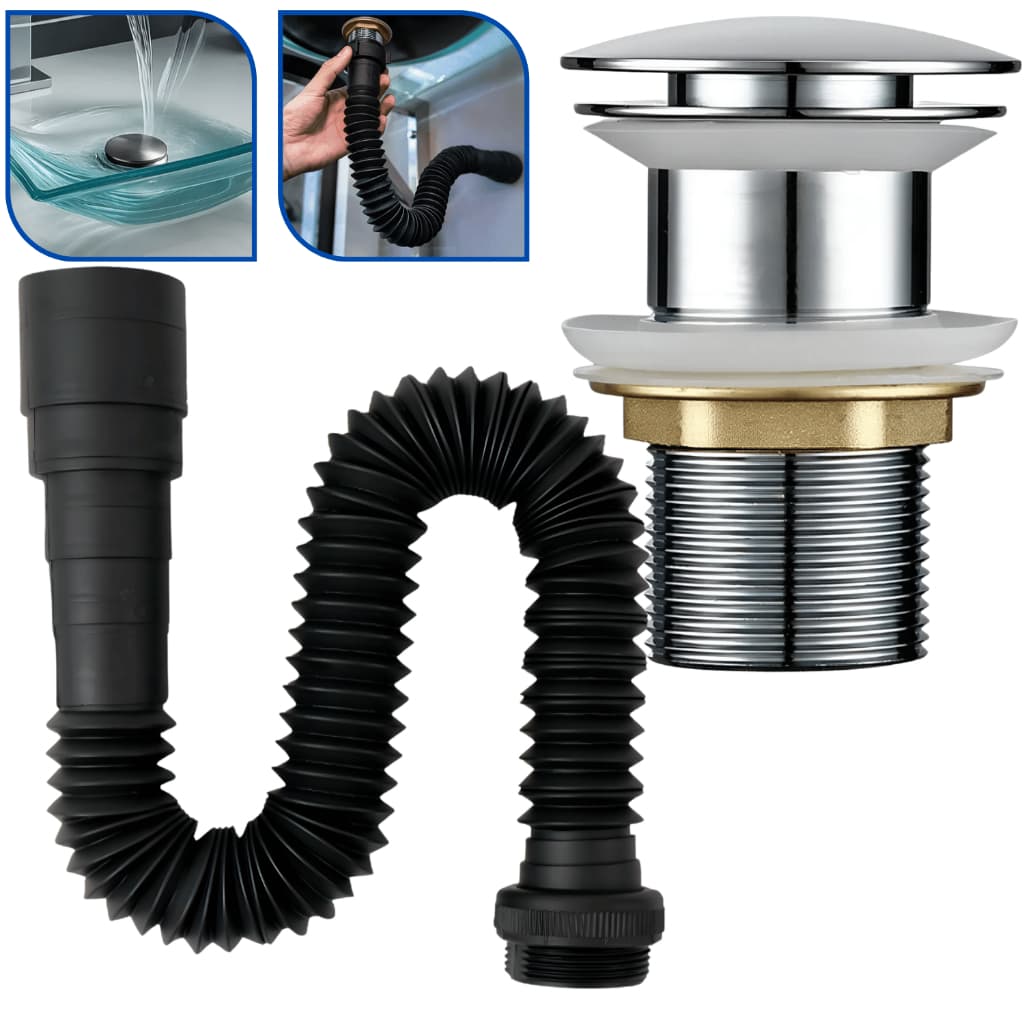 Kit Válvula Click para Banheiro/Lavatório em Bronze Aço Inox Polido 1.1/4 E Sifão Flexível Preto