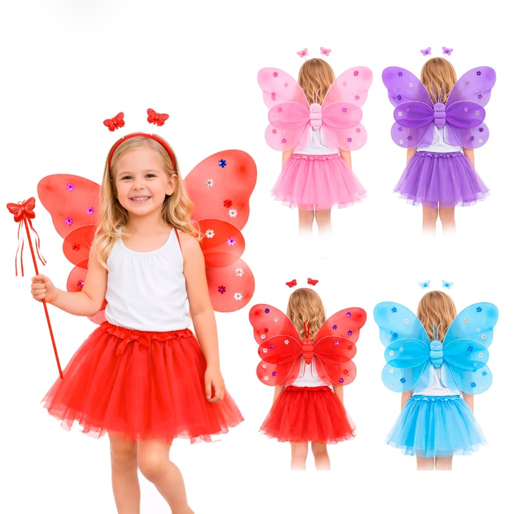 Fantasia De Fada Borboleta 4 PEÇAS com Asa, Varinha, Tiara e Saia /Carnaval - TAMANHO UNICO INFANTIL