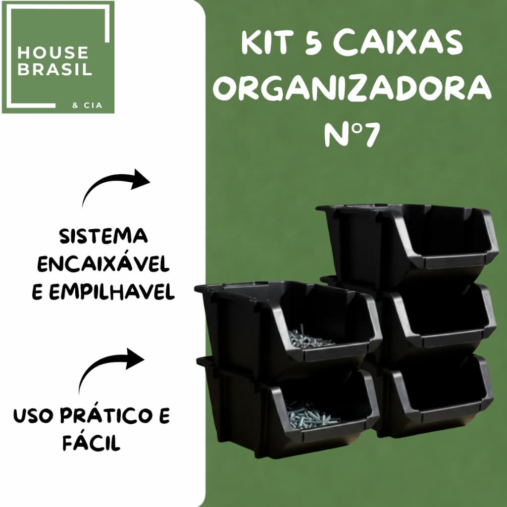 Kit 5 Caixa Bin N7 Organizadora Gaveteiro Ferramentas Parafusos Plástica Encaixável e Empilhavel