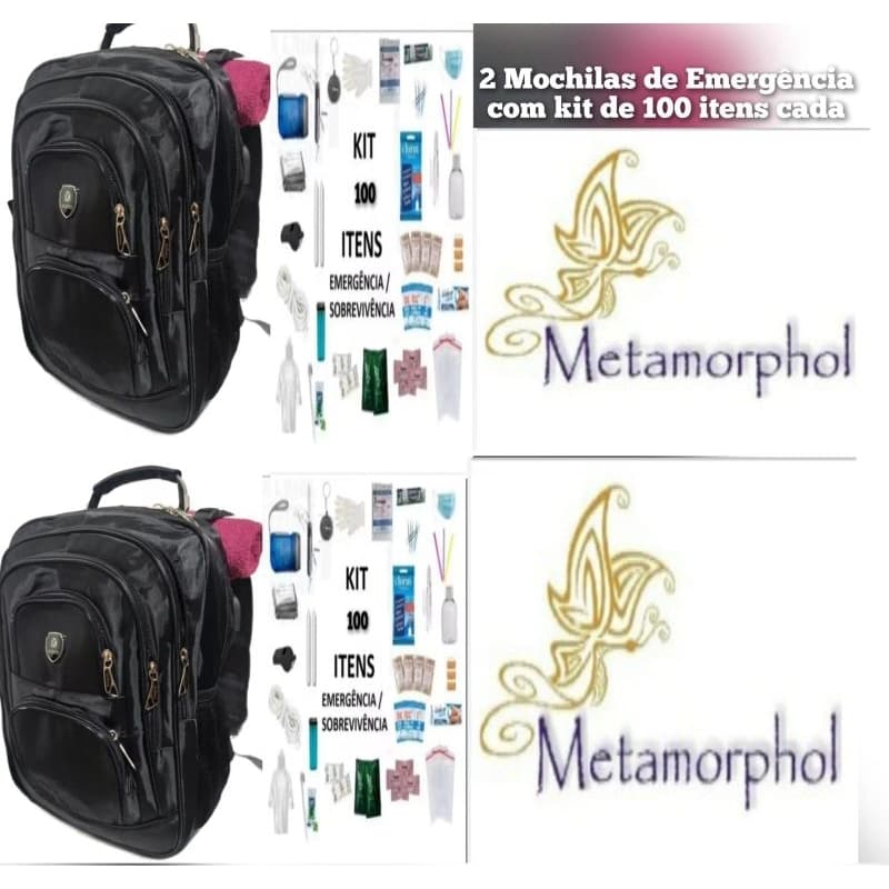 2 Mochilas de Emergência Reforçadas com kit de 100 itens cada.