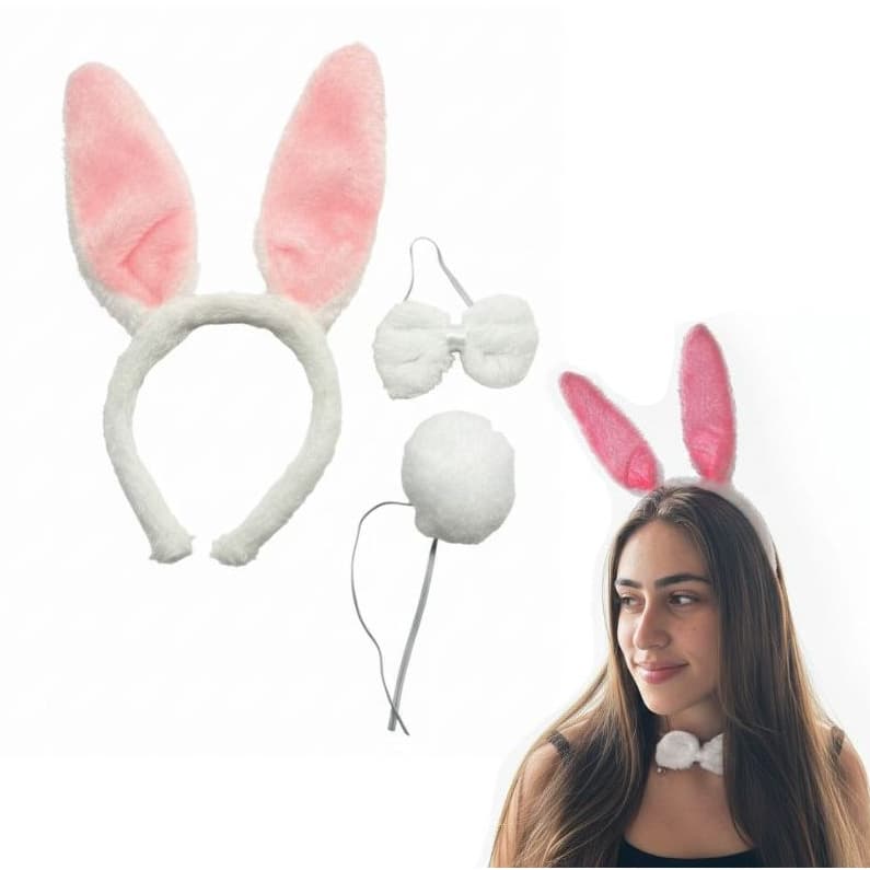 Kit Fantasia Coelhinha Coelho de Carnaval Festa Tiara Gravata e Rabinho Branco Preto