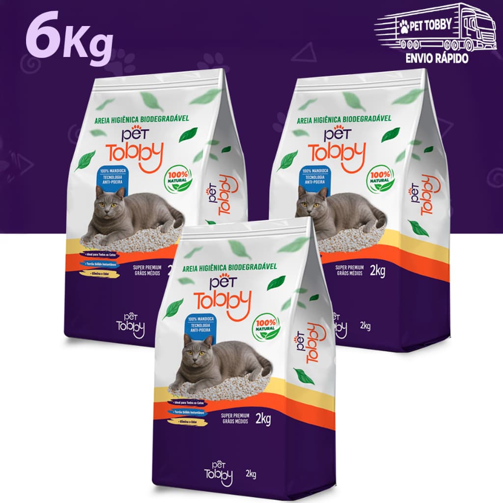 Areia Higiênica Para Gato de Mandioca 2 4 OU 6Kg Pet Tobby Biodegradável Areia de Gato Sustentável