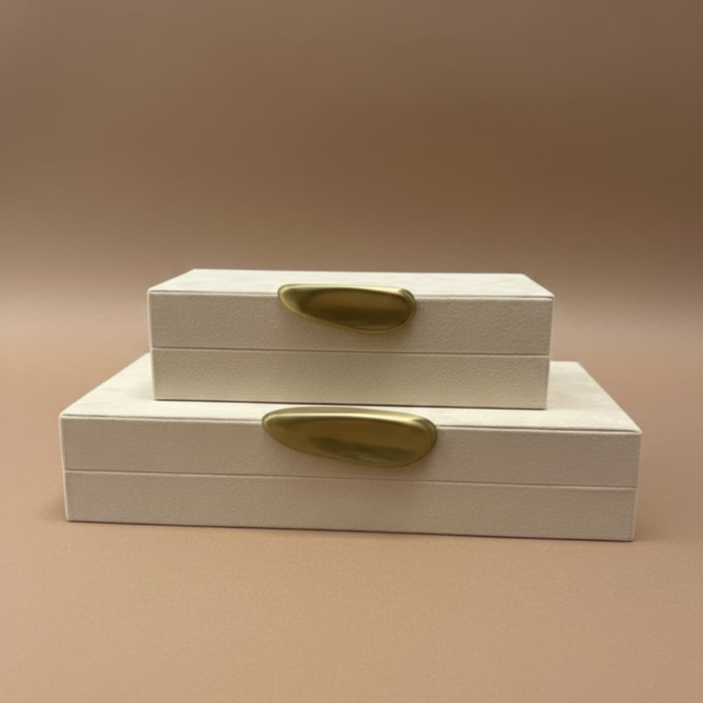 Kit 2x Caixas Decorativas Veludo Branco Marfim em MDF e PU Escritório, Consultório, Sala, Organização e Decoração