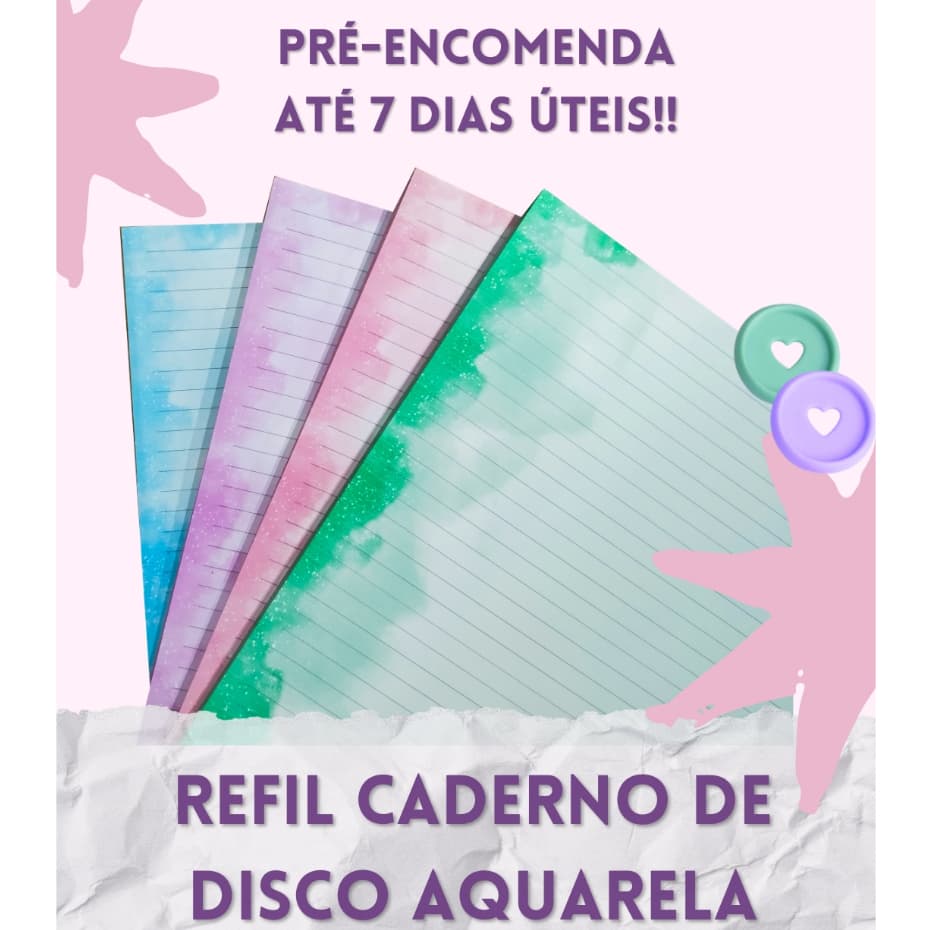Refil de Folhas Caderno Inteligente / Caderno de Discos - Pautado Colorido Aquarela - Vários Tamanhos - Folha Offset 90g