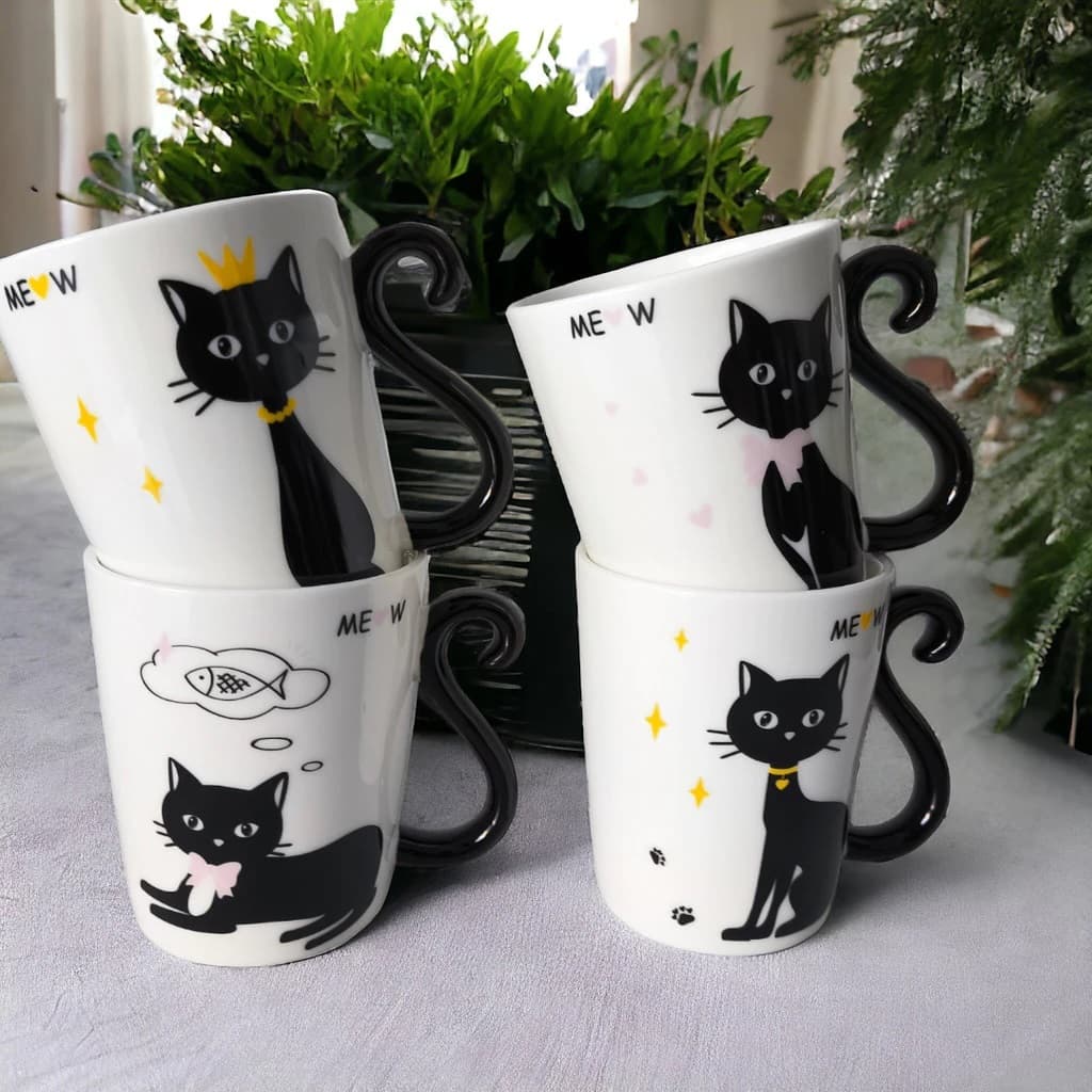 Caneca Xícara Porcelana Gato Gatinho Meow 300ml Alça - Presente