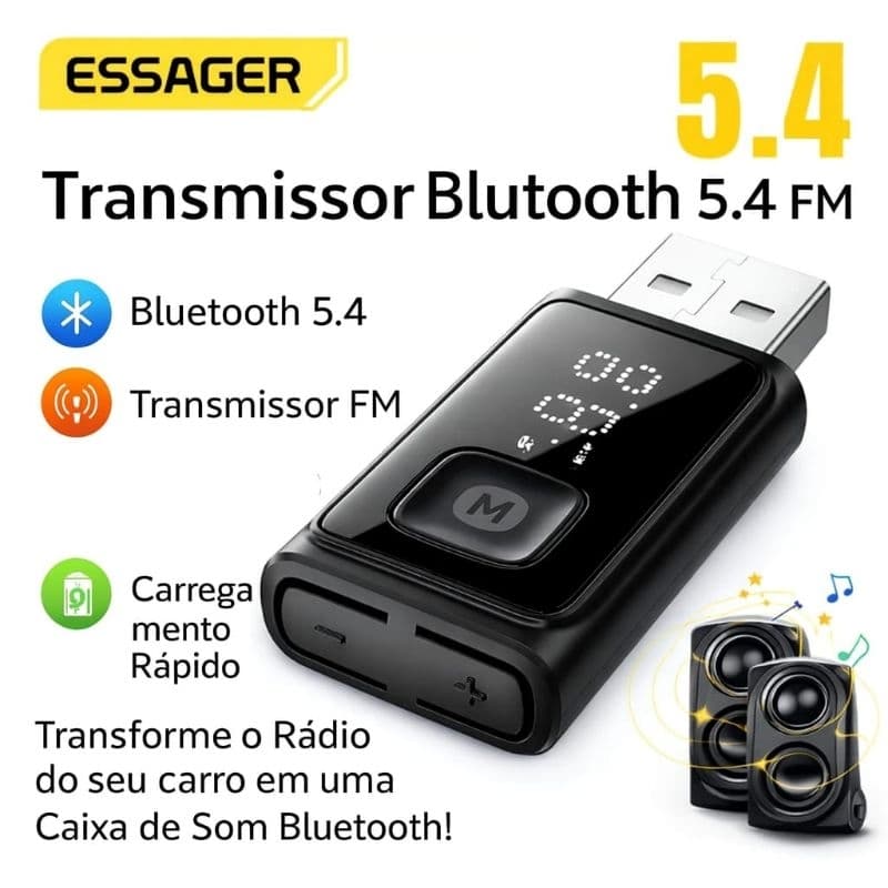 Adaptador FM Bluetooth Digital 5.4 para Carro Essager Transmissor FM Chamadas Viva-Voz Cancelamento de Ruído