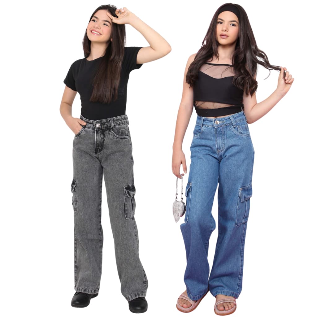 Combo 2 calças cargo feminina juvenil infantil wide leg pantalona