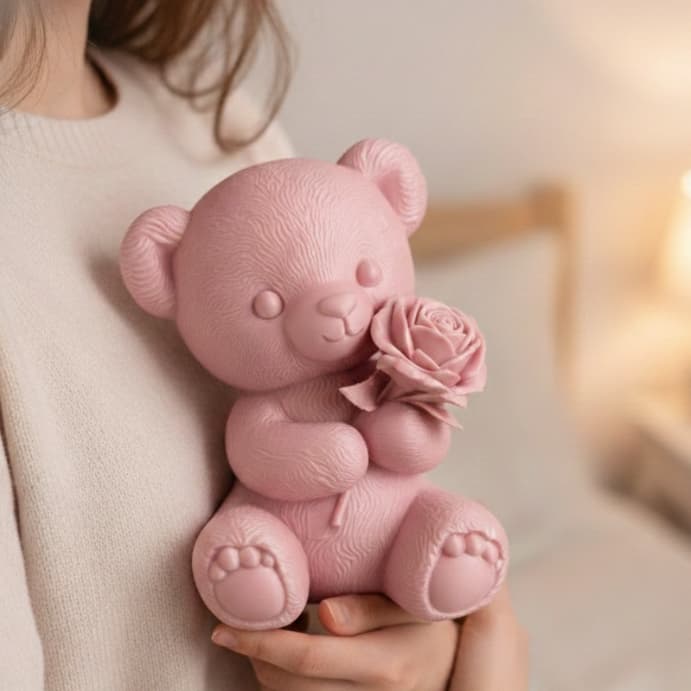 Ursinho Decorativo Texturizado com Rosa - Presente Namorada Romântico