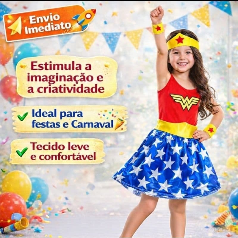 Fantasia Mulher Maravilha Infantil Menina Roupa Tamanho G Veste de 6 a 8 Anos Ideal Para Festas Carnaval Aniversários