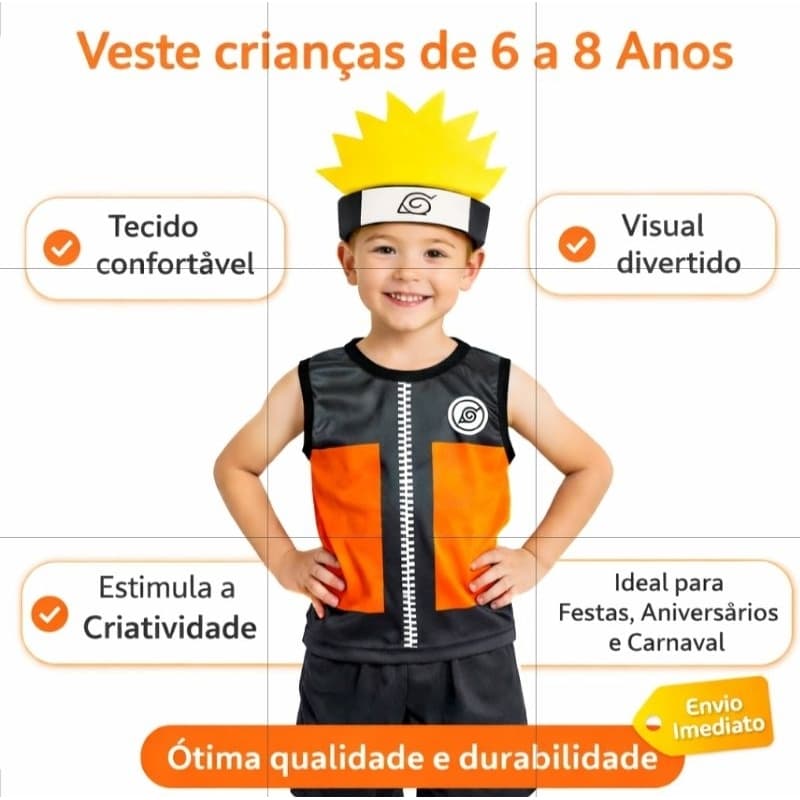 Fantasia Infantil Naruto Shippuden Roupa Menino Tam G Veste 6 a 8 Anos Festas Aniversários Carnaval