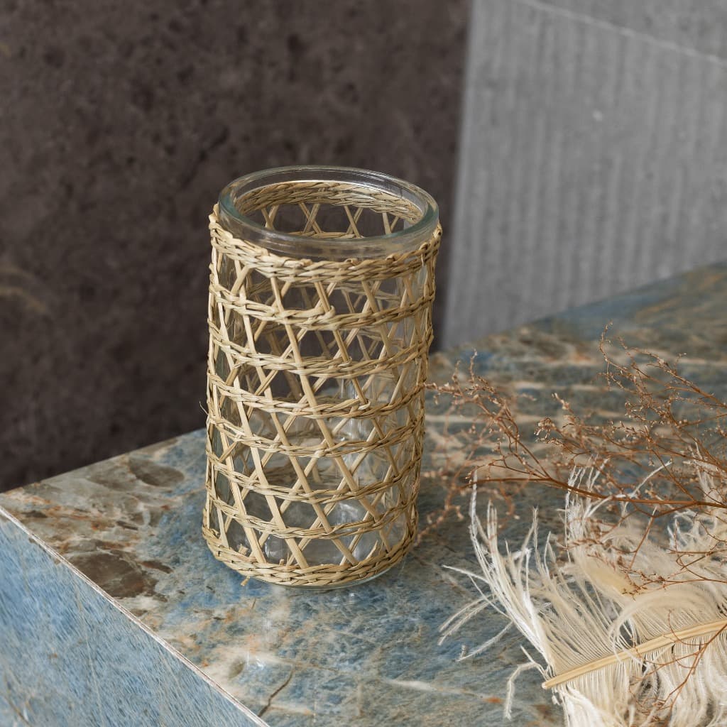 Wolff Vaso de Vidro e Fibra Natural 10cm x 13cm Design Exclusivo e Moderno