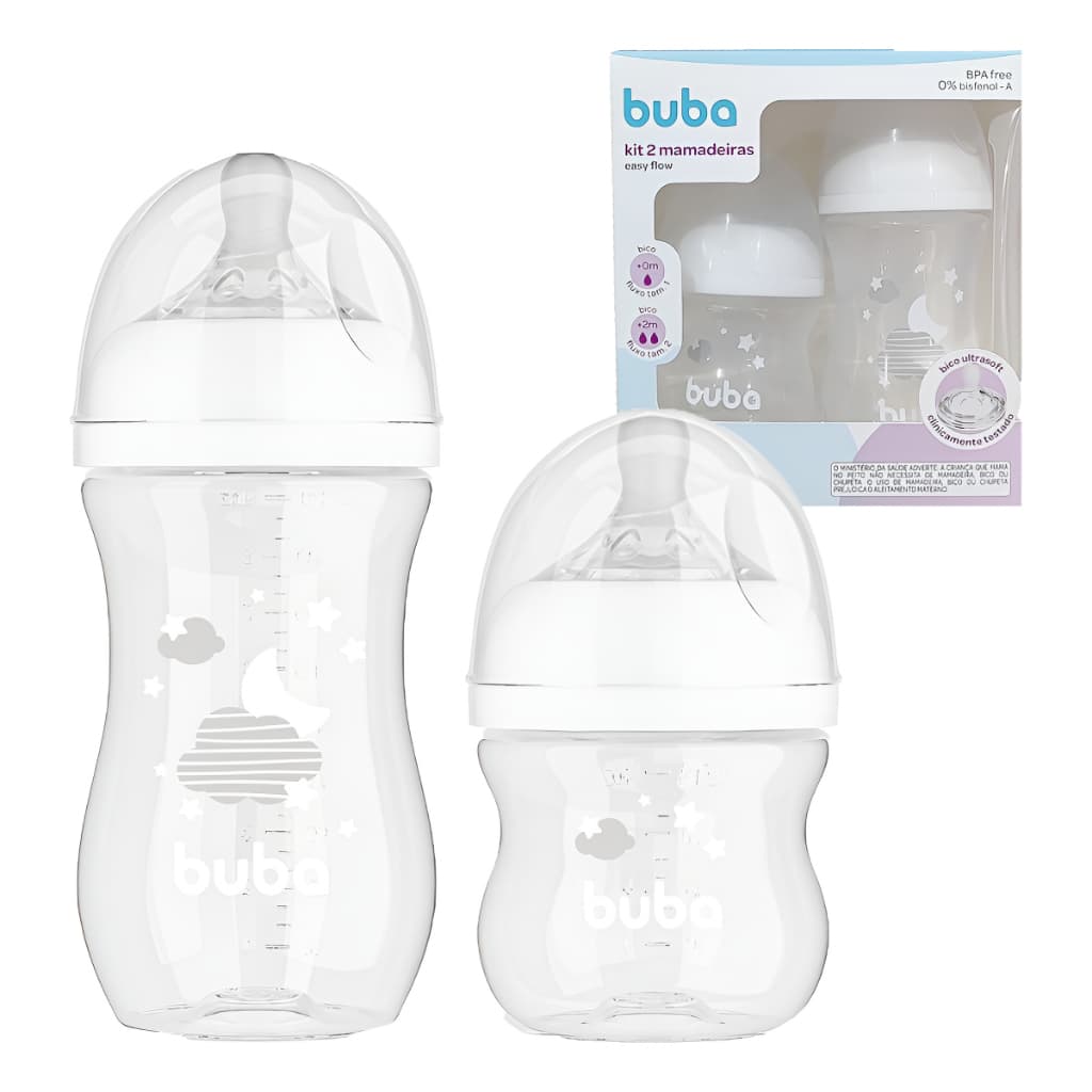 Kit 2 Mamadeira EASY FLOW Nuvem Branca 120ML e 270ML Anticolica Buba