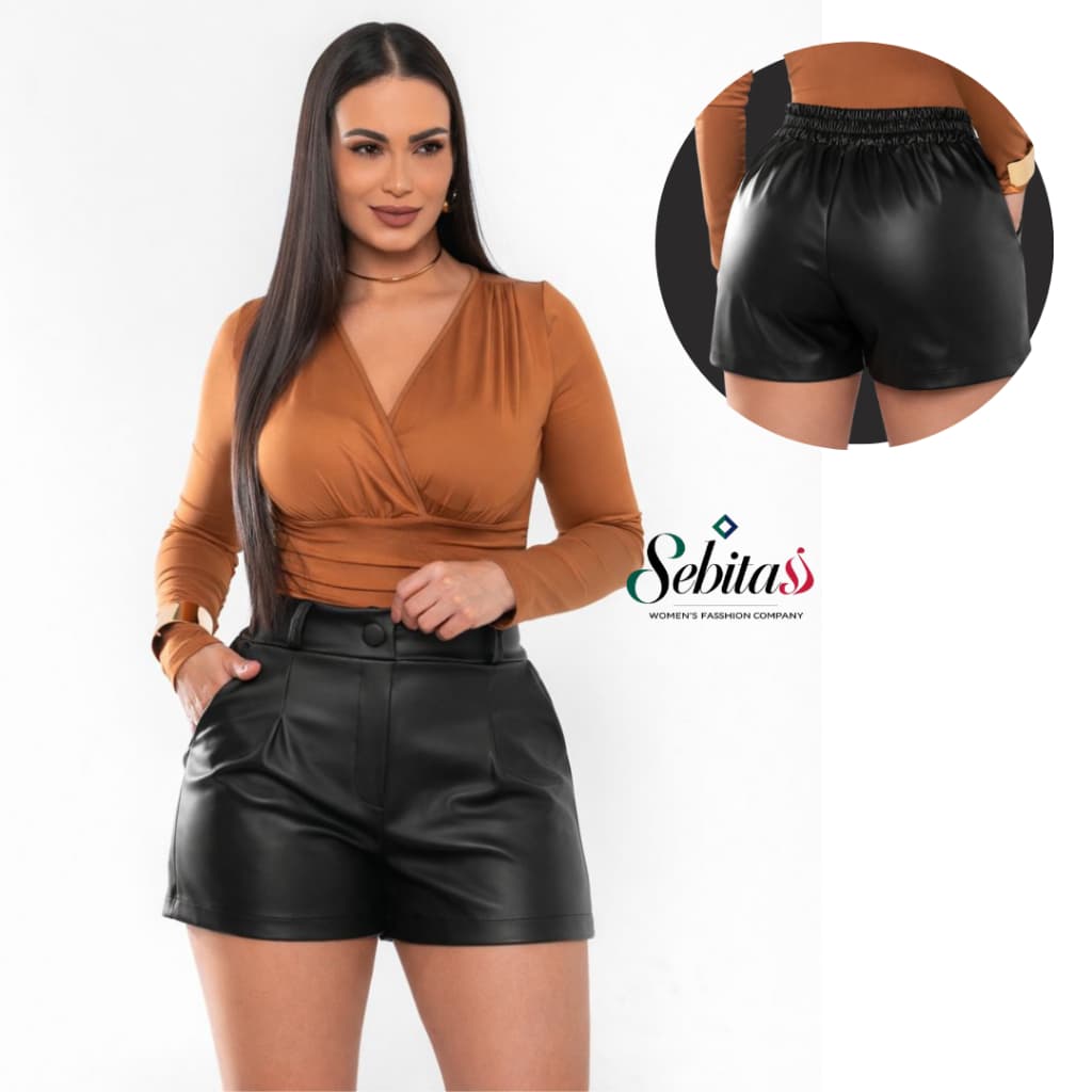 Short Courino Feminino Cintura Alta com Bolsos Elástico Look Urbano Moda Feminina