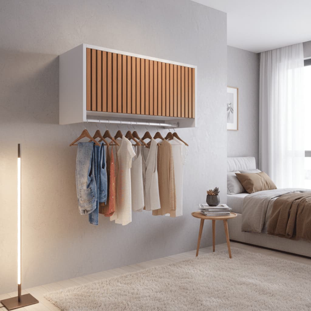 Armário Suspenso Cabideiro 1 Porta Ripado para Closet Quarto Organizador de Roupas