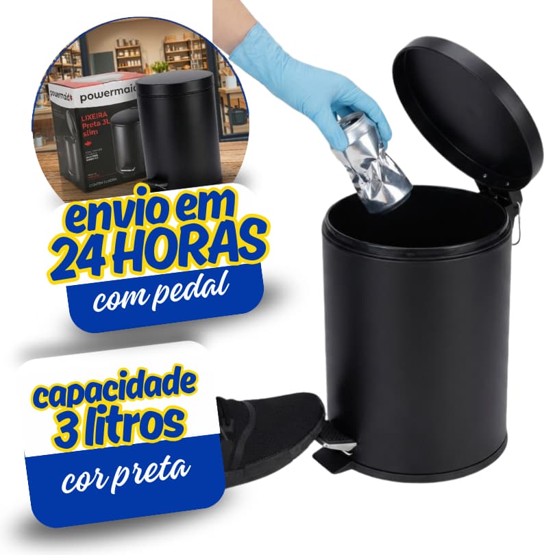 Lixeira Redonda com Pedal Multiuso Aço 3 litros - Preto Matte