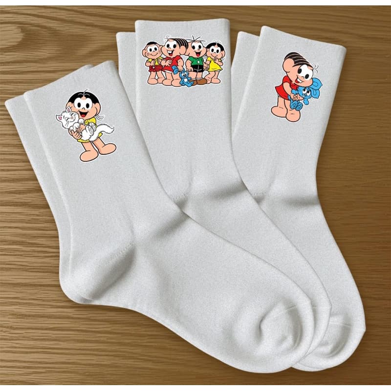 kit 3 Pares de Meias Esportivas Estampa Divertida Turma da Mônica Academia de Algodão