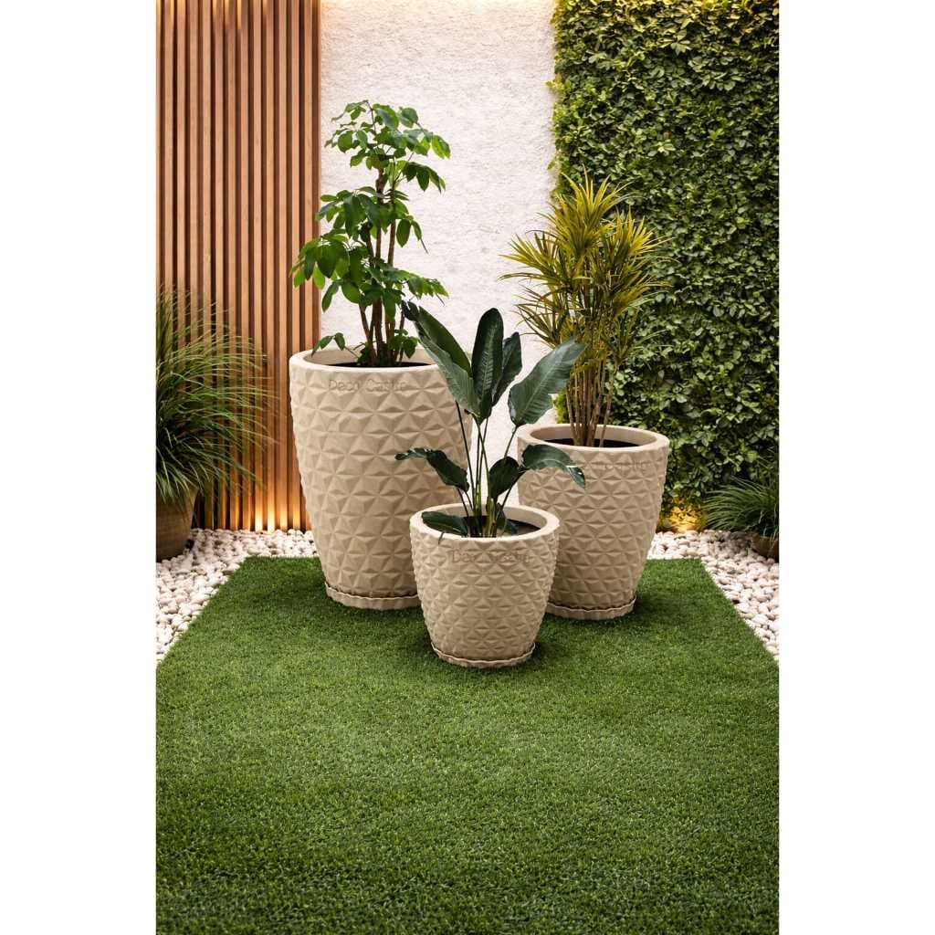 Kit 3 Vasos Coluna Bojo Diamante 3D Jardim Casa Planta Decorativo Paisagismo Com Prato Coletor