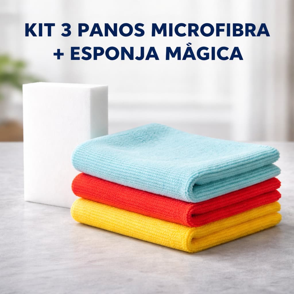 Kit Limpeza Completo: Esponja Mágica + 3 Panos de Microfibra Para Pia - Cozinha Carro30x30cm