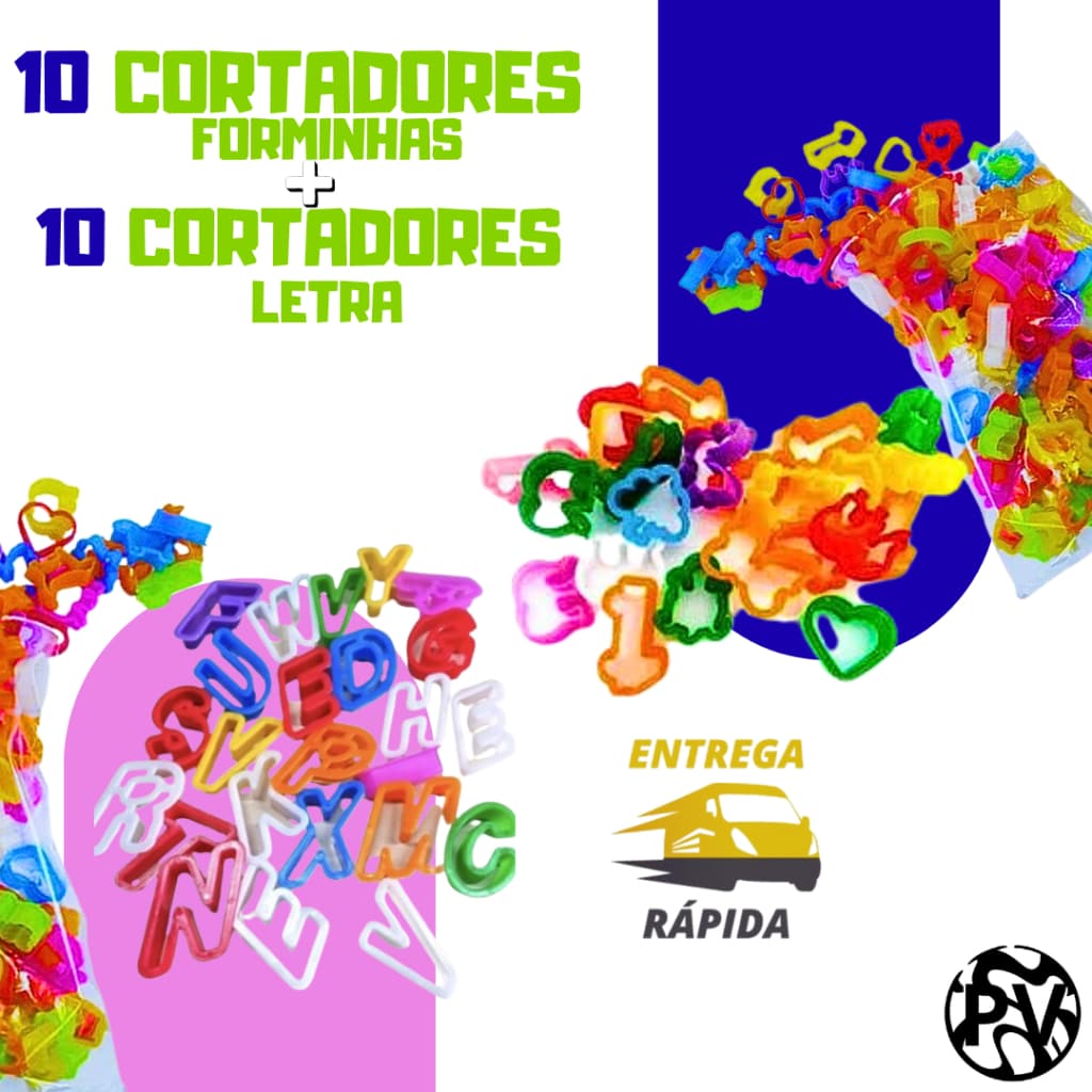 Kit 10 cortadores letras + 10 cortadores de forminhas massinha prenda