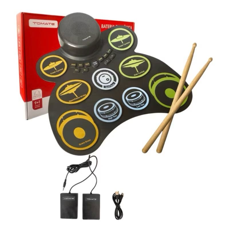 Bateria Eletrônica Portátil Roll Up com 9 Pads, Alto-falante Integrado e Baquetas