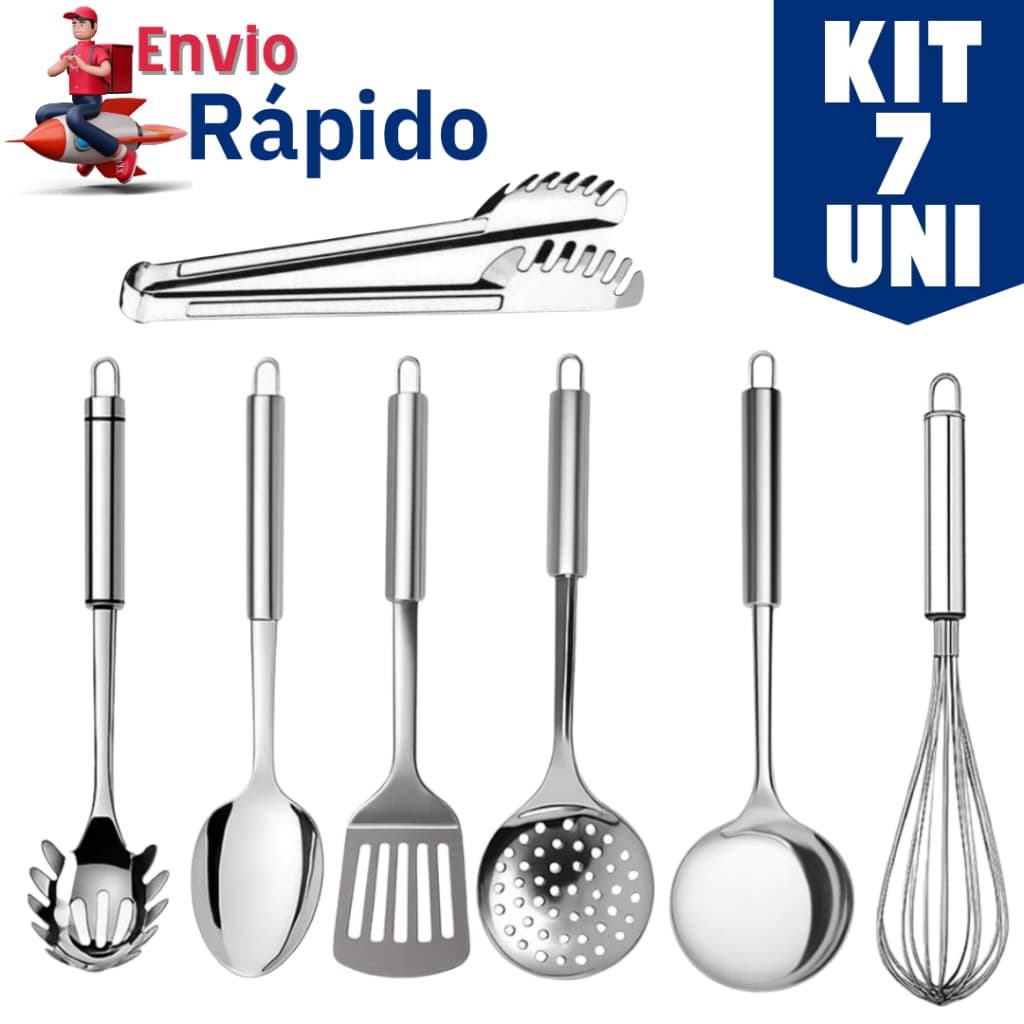 Kit 7 Utensílio Cozinha Aço Inox Escumadeira Concha Colher Arroz Pegador de Massa Pegador Macarrão Espátula Vazada Fue