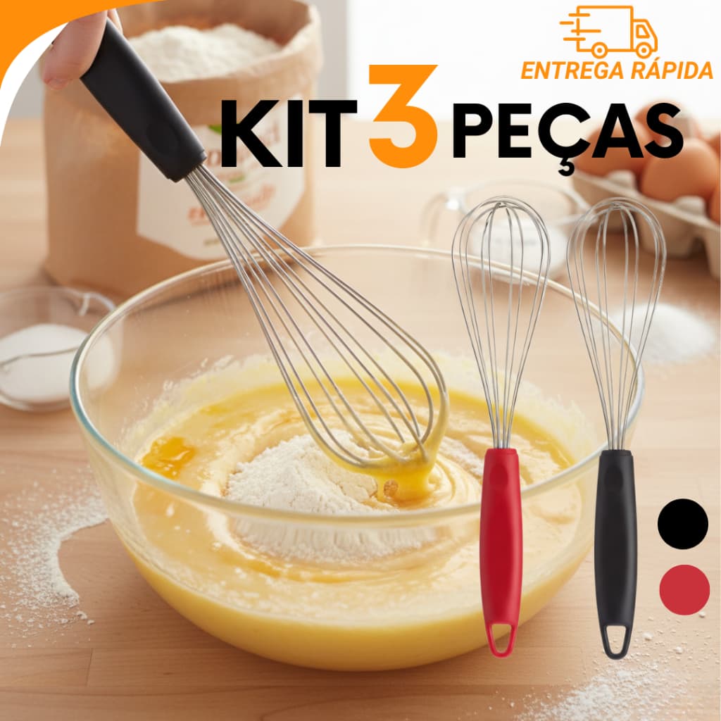 Kit 3 2 ou 1 Batedor de Claras de Aço Inox Facilidade e Resistência no Uso para Uso Diário e Profissional