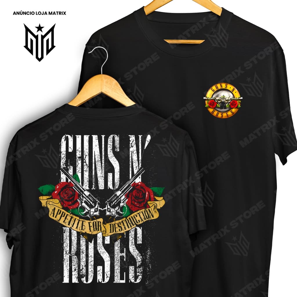 Camiseta Frente e Verso Guns N Roses Appetite For Destruction Rock & Roll Camisa de Banda de Rock 100% Algodão