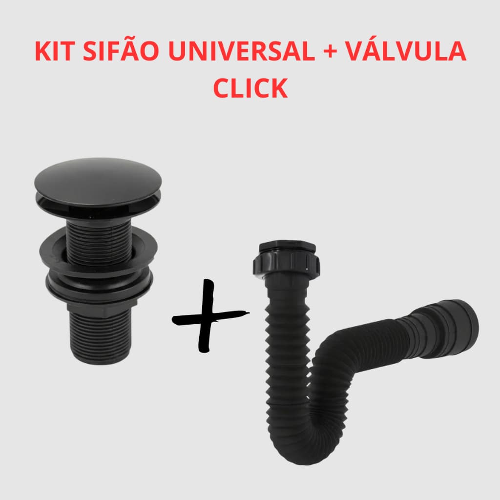 Kit Sifão Universal Preto + Válvula Click-Up Lavatório Cuba Acessório para Banheiro