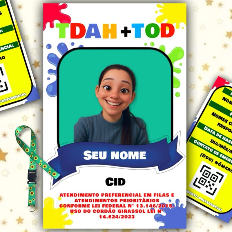 kit Cordão + Crachá TDAH+DISLEXIA, TDAH+TOD ou TDAH COM Qr Code Com Seu Laudo Médico