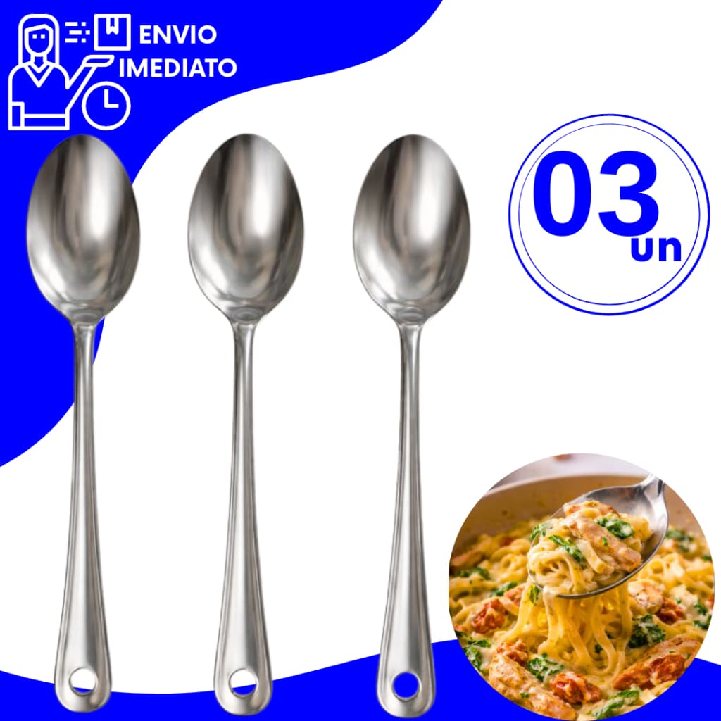 Kit 3 Colheres de Arroz  Para Servir Arroz 100% Inox 25,5m Utensílio Reforçado Para Cozinha