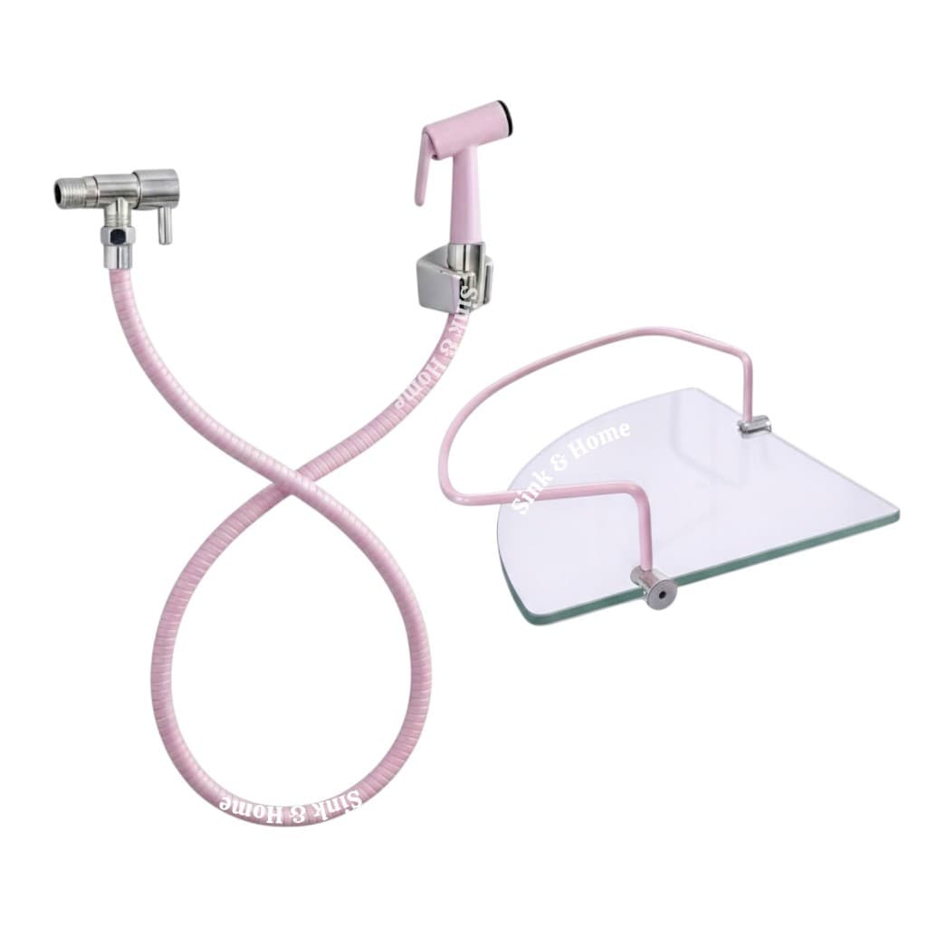 Ducha Rosa com Porta Shampoo Rosa Metal e Vidro P/ Banheiro Prateleria Rosa