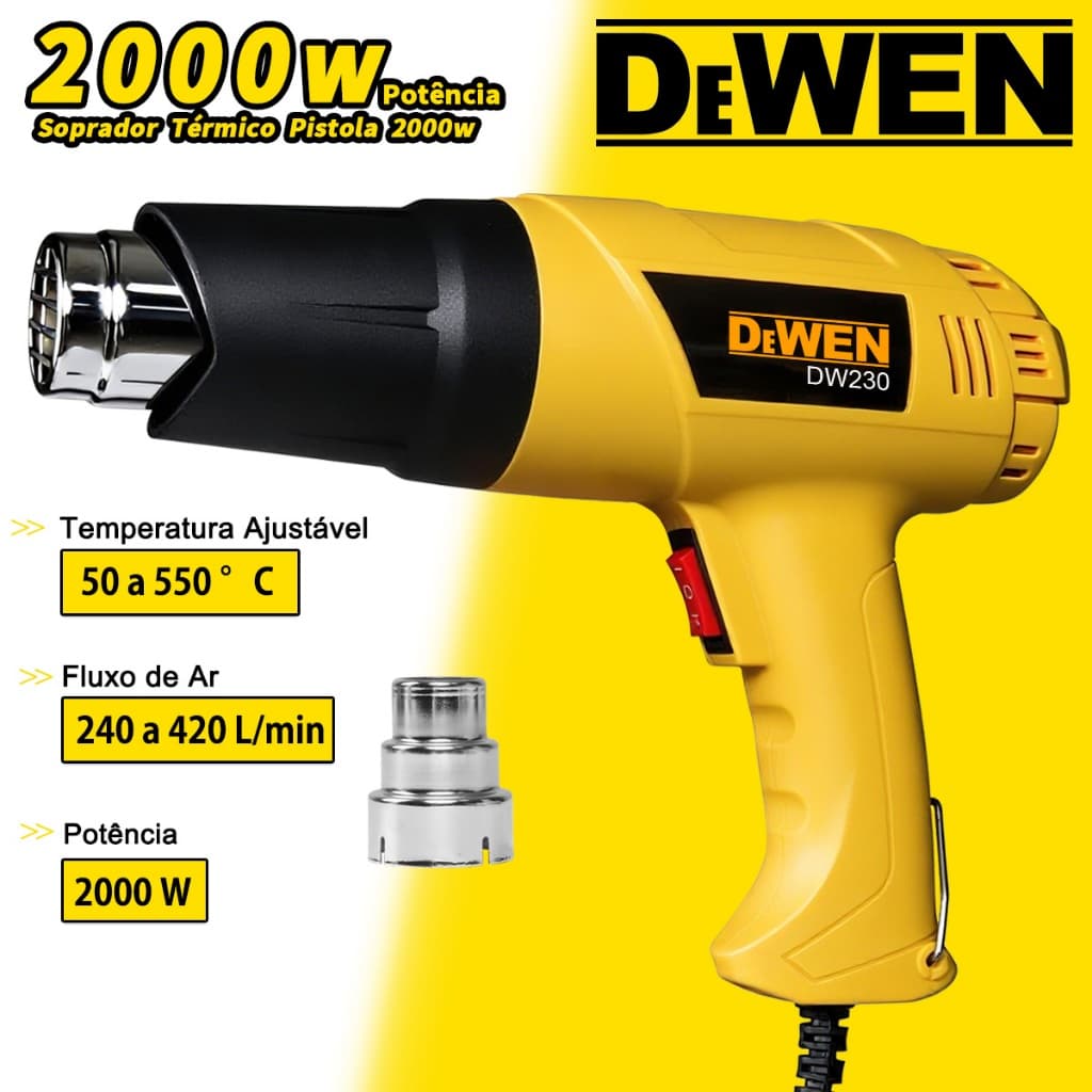 Soprador Termico 2000w DEWEN Profissional 550º C/ 2 Estágios Alta Temperatura + Acessórios