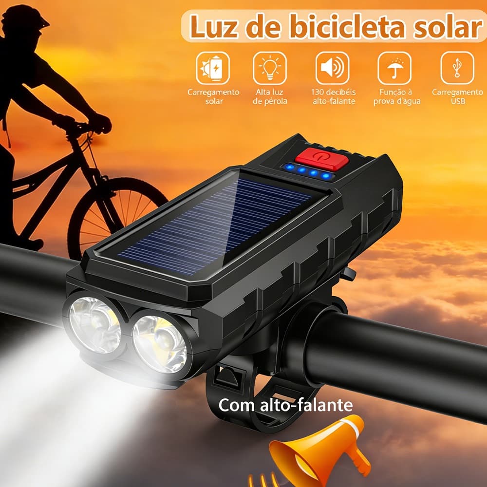Kit Lanterna Bike Solar Com Buzina E Power Bank 12 Horas Recarregável À Prova D'Água Farol Bicicleta